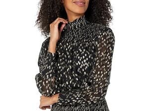 Milly Vicky Gold Metallic Dot Clip Blouse Smocked Black Sz S Cocktail Party Top